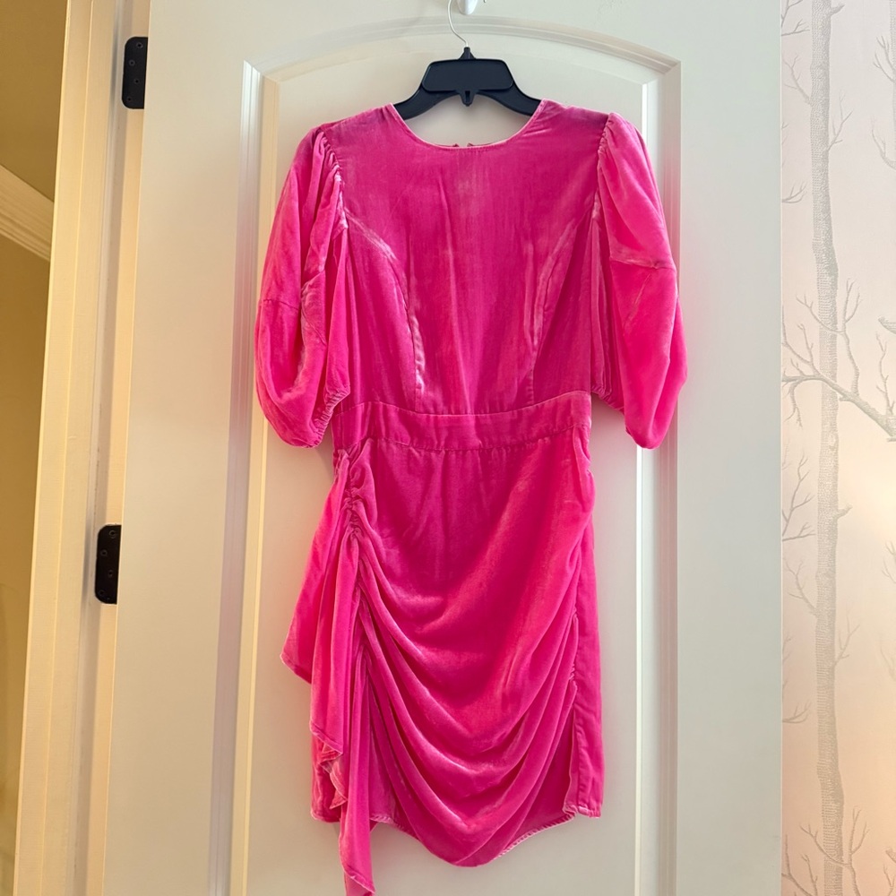 Hot Pink Velvet Ruched Puff-Sleeve Dress